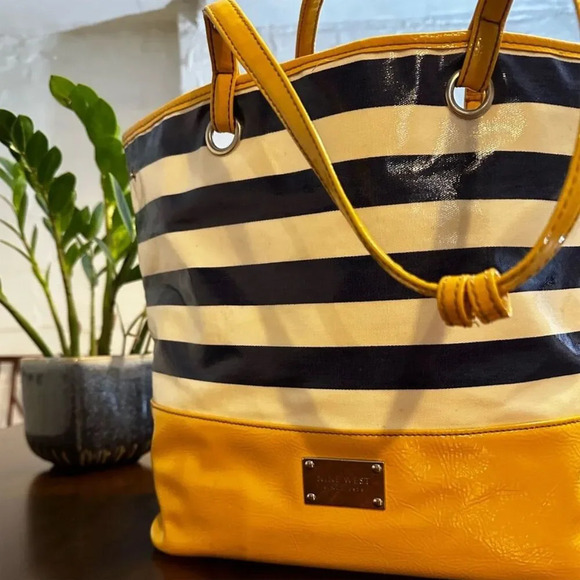 Nine West patent Striped Tote Bag Navy Yellow White Casual Handbag - Picture 1 of 14